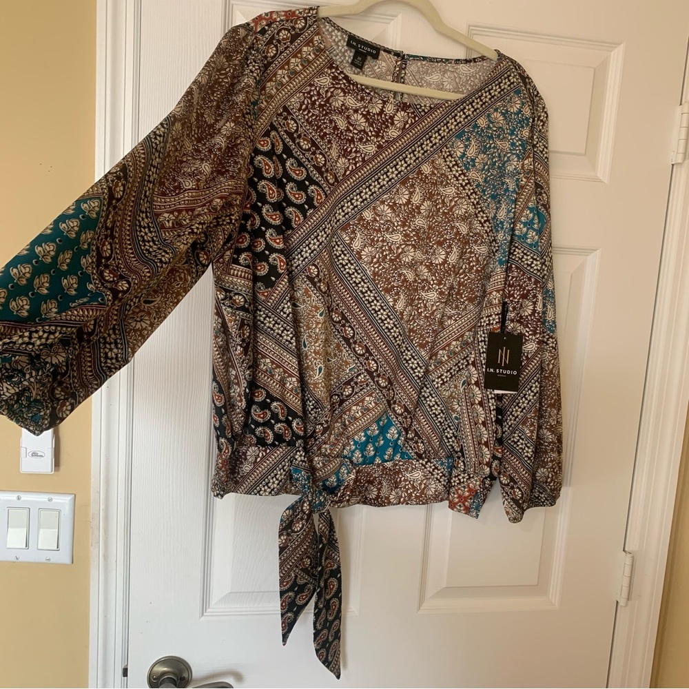 I.N. Studio Multicolor Long Sleeve Patterned Blou… - image 3